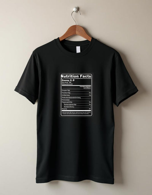 Granny 2.0 Nutrition Facts Tee - Dark on wooden hanger
